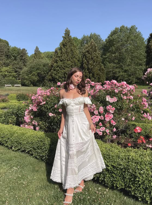 Simple A Line Off the Shoulder White Lace Satin Prom Dress Evening Dress SH4876