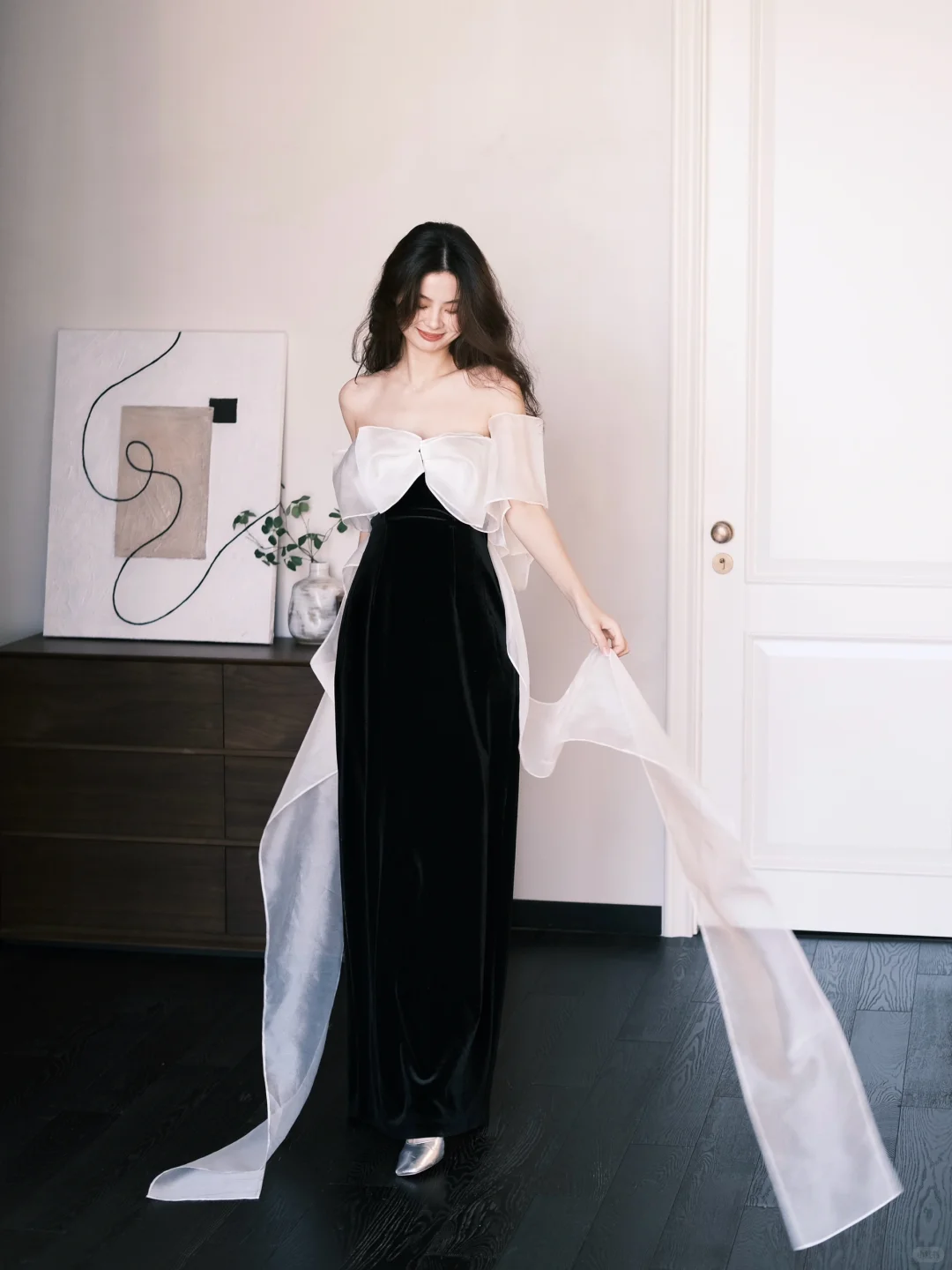 Cute A Line Off the Shoulder White Organza Black Velvet Long Prom Dress SH4583