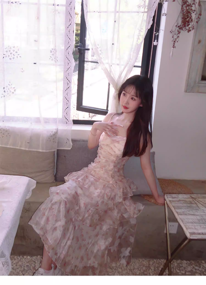 Charming Pink Chiffon Print Floral layered Ruffles Mermaid Party Dress Formal Birthday Prom Dresses SP2000
