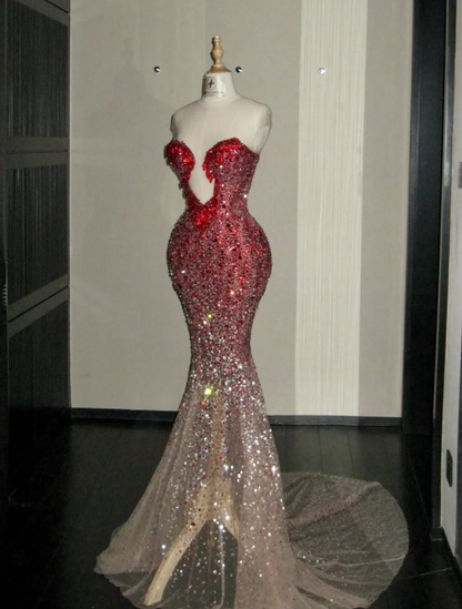 Mermaid Sweetheart Neck Red Ombre Sequin Tulle Long Prom Dress Graduation Prom Dress SH2460