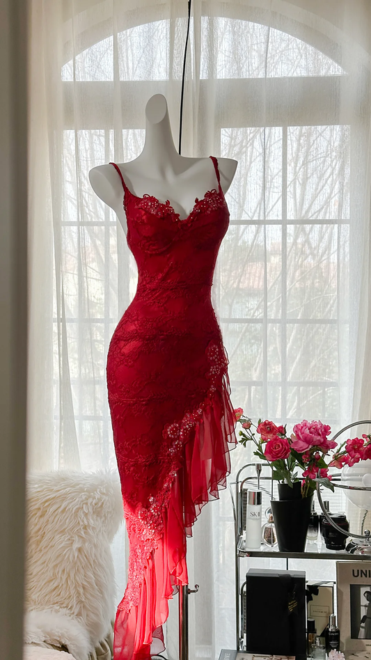 Sexy Sheath Spaghetti Strap Red Lace Chiffon Party Dress Evening Dress SH2956