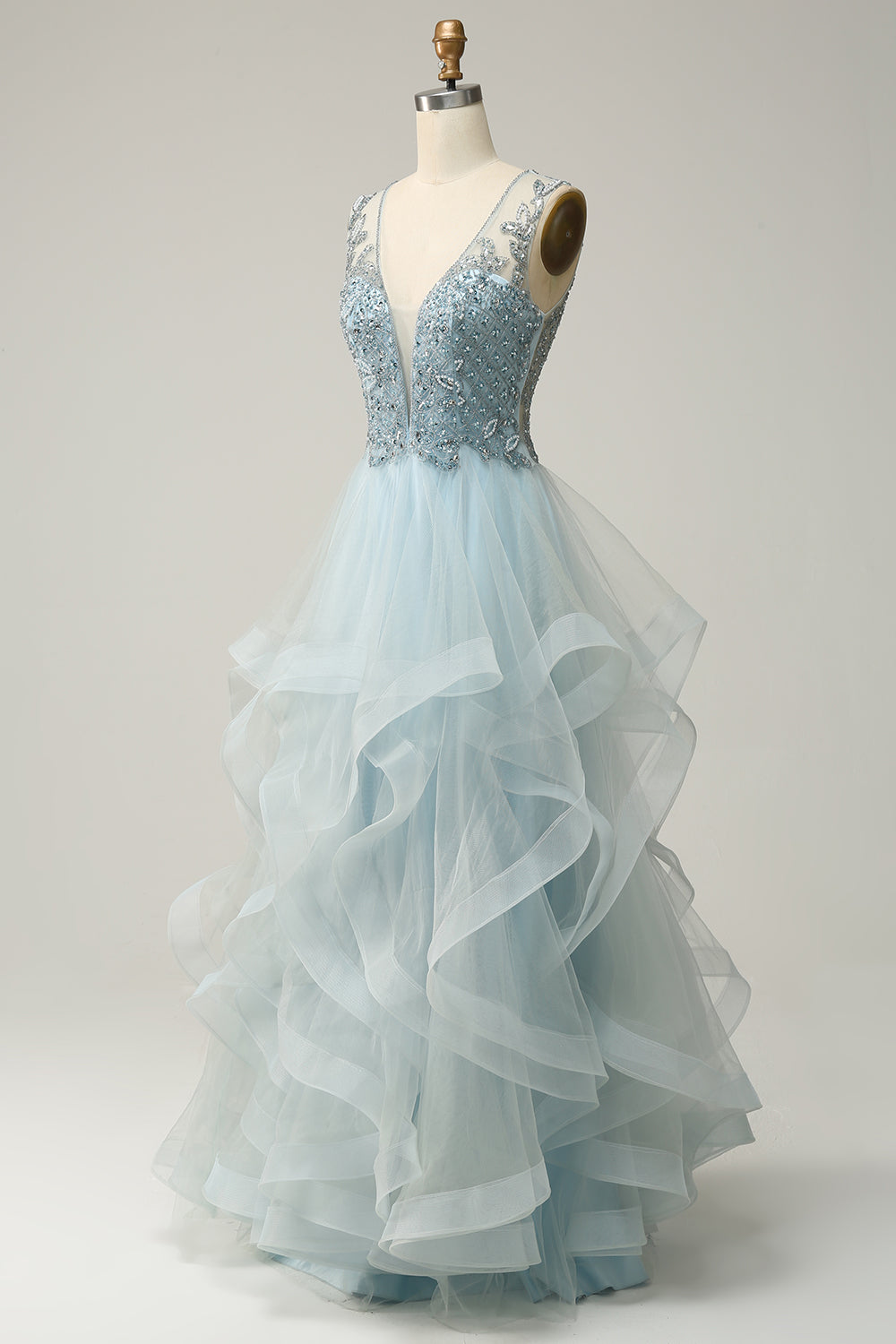 V-Neck Sleeveless Beaded Top A-Line Tulle Prom Dress