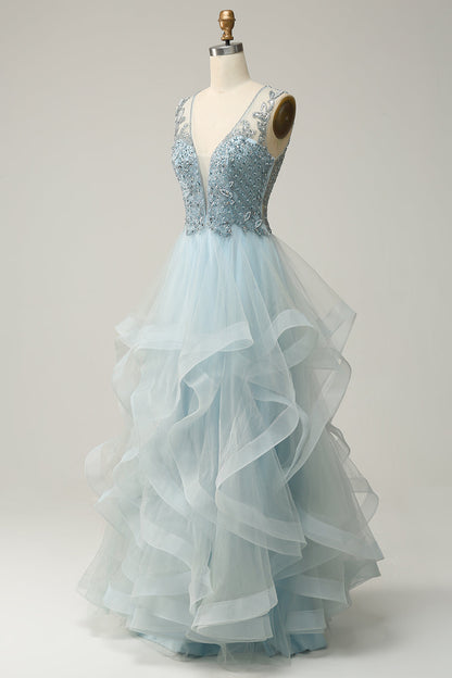 V-Neck Sleeveless Beaded Top A-Line Tulle Prom Dress
