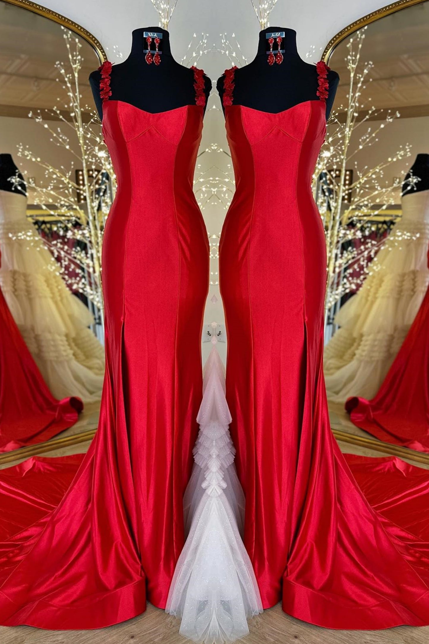 Red Flower Straps Mermaid Satin Long Prom Dress with Slit