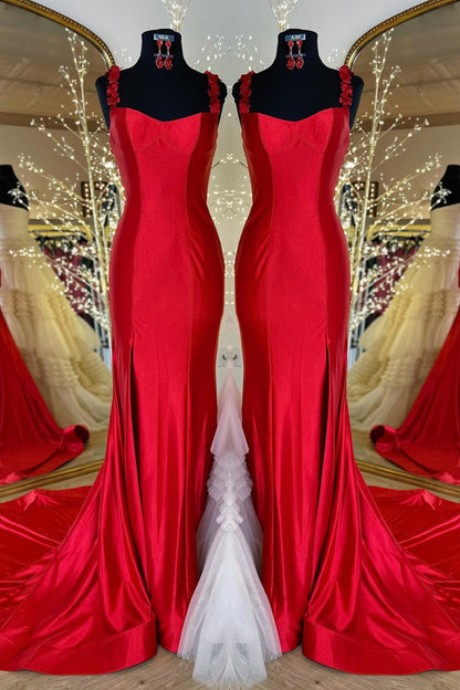 Red Flower Straps Mermaid Satin Long Prom Dress with Slit