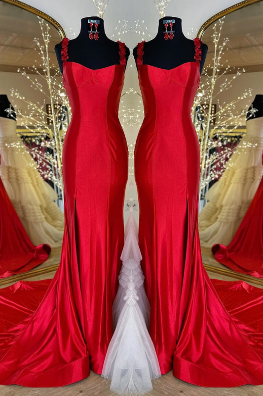 Red Flower Straps Mermaid Satin Long Prom Dress with Slit