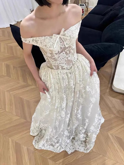 Off The Shoulder White Lace Wedding Dress Bridal Gown fg8309