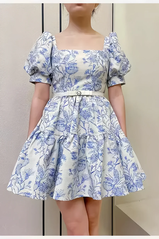 Chic Blue Satin Print Floral A Line Short Prom Dress Homecoming Dress D787