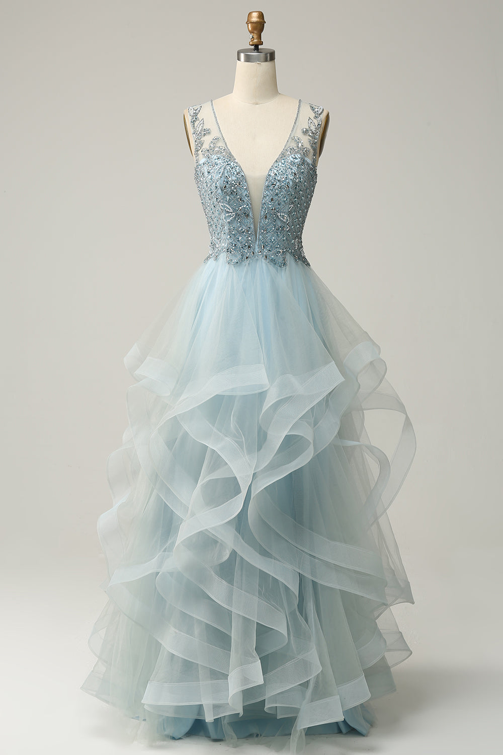V-Neck Sleeveless Beaded Top A-Line Tulle Prom Dress