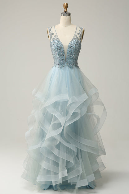 V-Neck Sleeveless Beaded Top A-Line Tulle Prom Dress