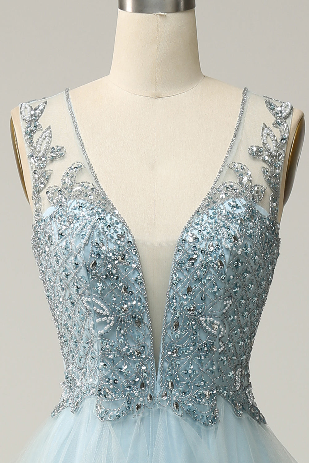 V-Neck Sleeveless Beaded Top A-Line Tulle Prom Dress