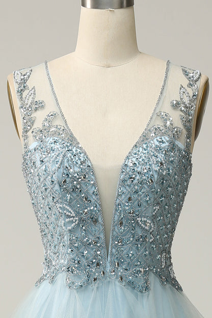 V-Neck Sleeveless Beaded Top A-Line Tulle Prom Dress