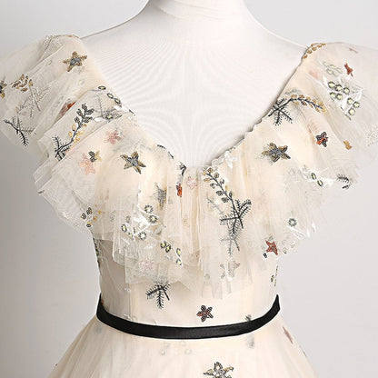 Pretty Champagne Floral Tulle V Neck Floor Length Customize Prom Dress, Formal Dress KS7628