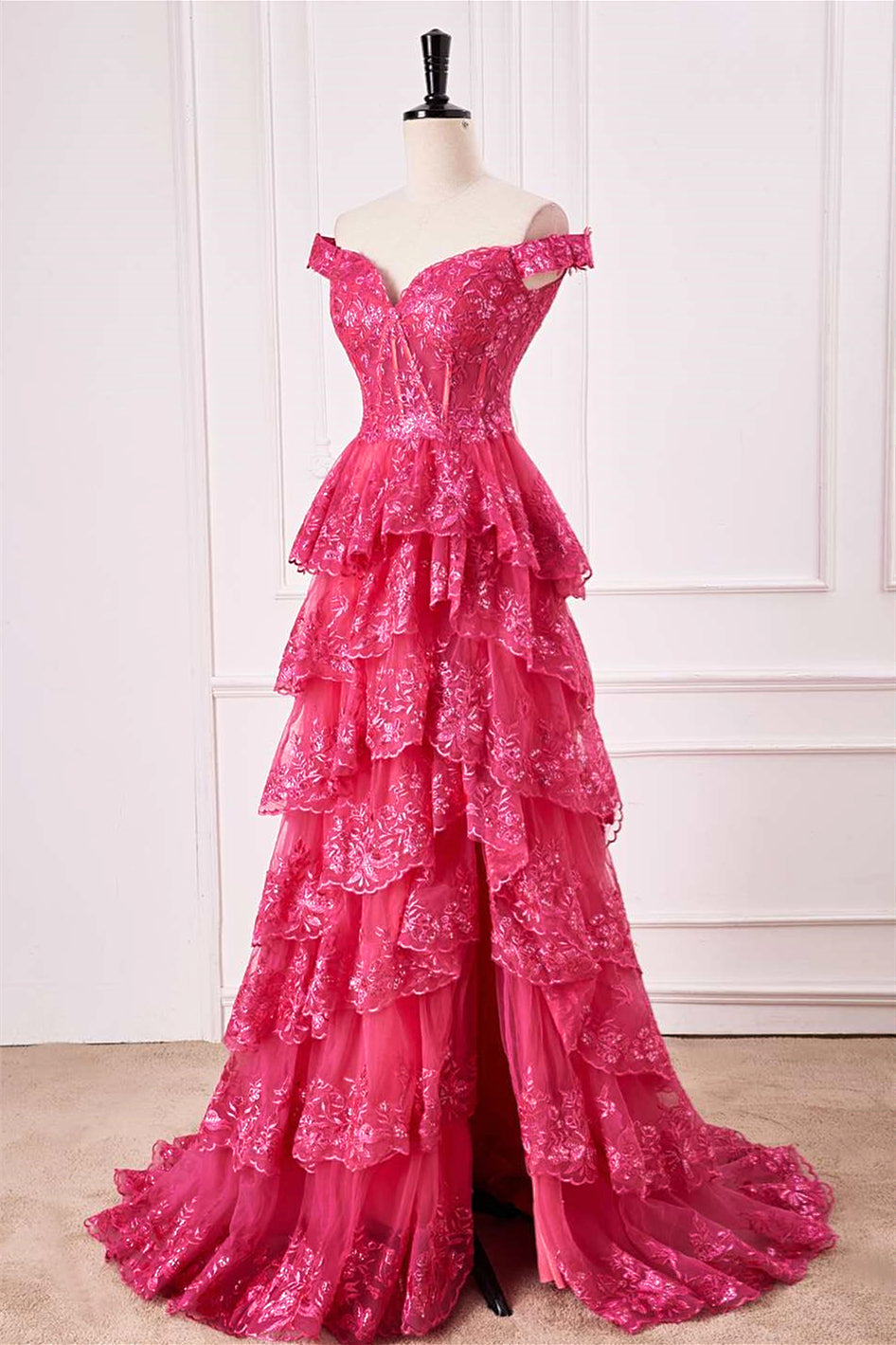 Hot Pink Off-Shoulder Sequined Layers A-line Long Prom Dress with Slit
