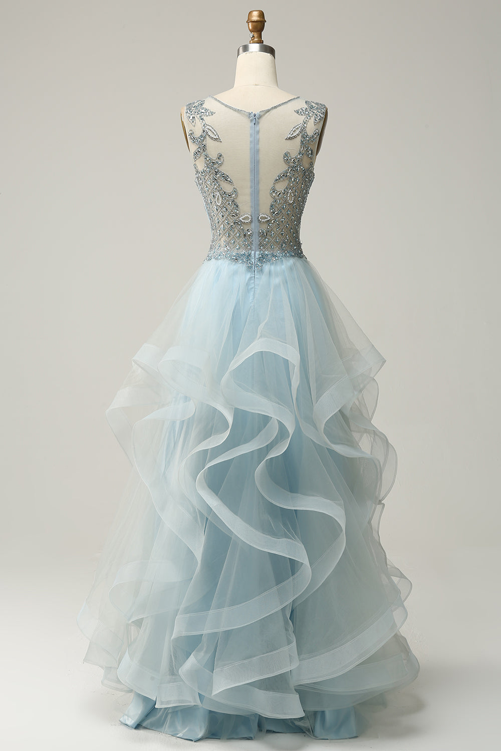 V-Neck Sleeveless Beaded Top A-Line Tulle Prom Dress