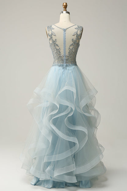 V-Neck Sleeveless Beaded Top A-Line Tulle Prom Dress