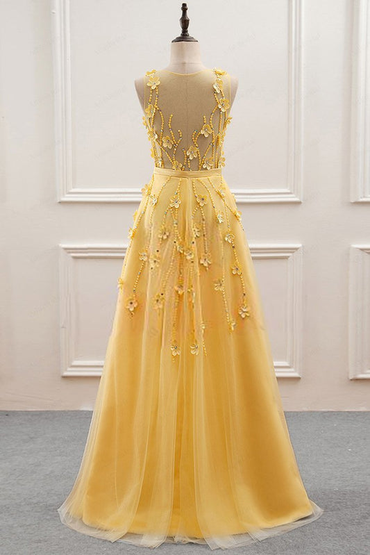 Yellow Flowers Tulle Long New Prom Dress, A-line Party Dress KS5584