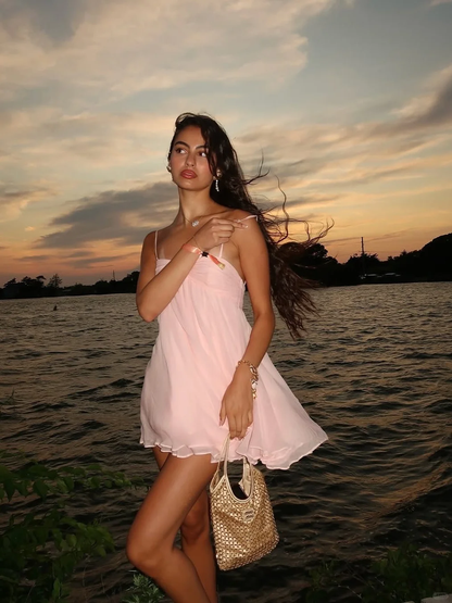 Pink A Line Spaghetti Strap Chiffon Short Vacation Dress Beach Dress Outfits SH4235