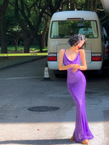 Sexy Shiny Purple Mermaid Straps Sequin Long Prom Dress Vacation Dress SH4318