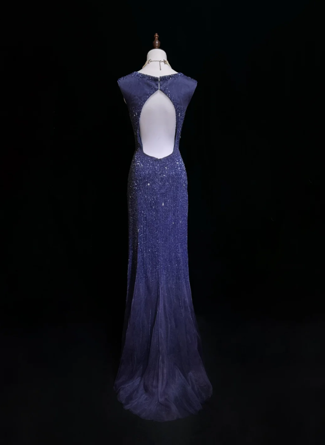 Gorgeous V Neck Dark Purple Tulle Beaded Mermaid Long Evening Dress Backless Prom Gown SP1963