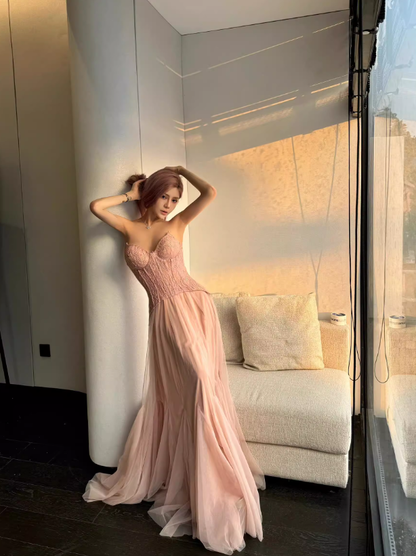 Pink Princess A Line Sweetheart Neck Tulle Lace Long Prom Dress Party Dress Birthday Dress SH3755