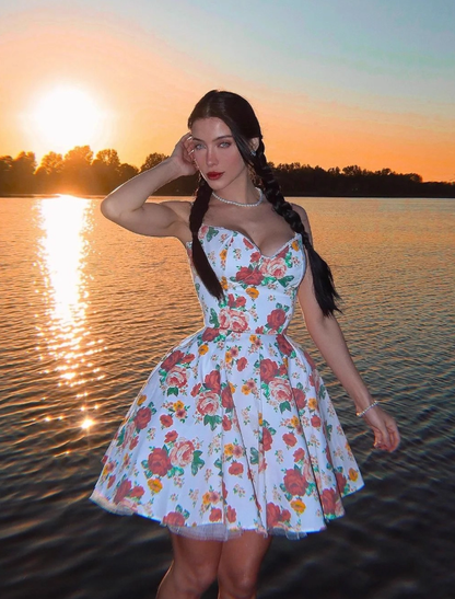 Princess A Line Spaghetti Strap Print Floral Satin Short Homecoming Dress 16th Birthday Dress SH3983