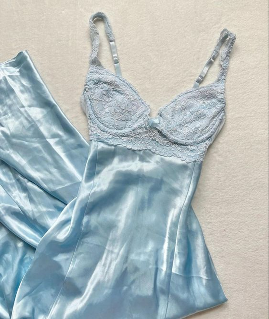 A line Spaghetti Straps Light Sky Blue Lace Long Prom Dresses Evening Dress fg8521