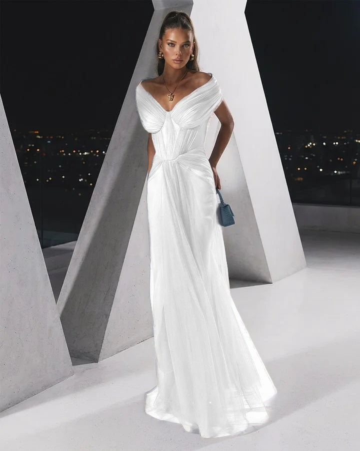 Flowing Dusty Blue Off-The-Shoulder Pleated Long Tulle Evening Dress