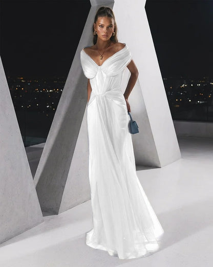 Flowing Dusty Blue Off-The-Shoulder Pleated Long Tulle Evening Dress
