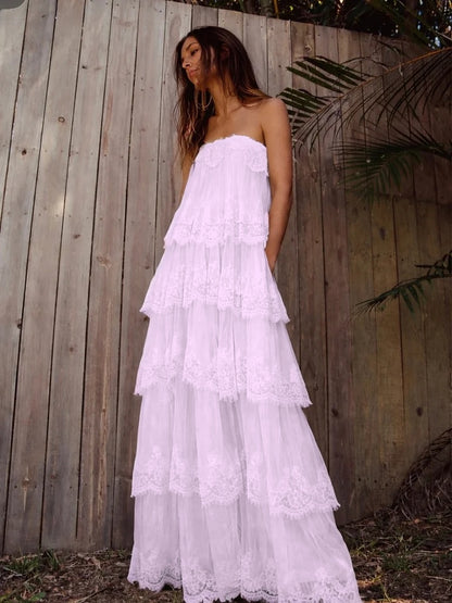 Elegant Cream Spaghetti-Straps Sleeveless Lace Pleated Evening Dress