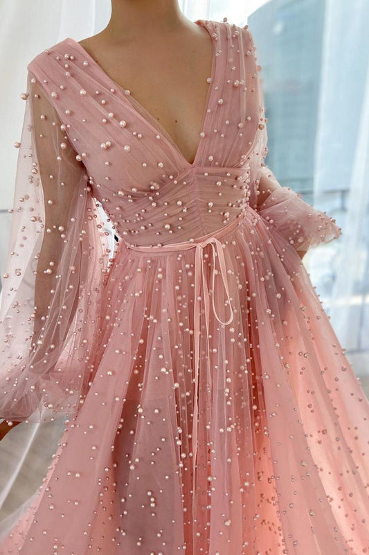 Pink Plunging Neck Long Puffy Sleeves Evening Dress With Pearl Beaded Tulle