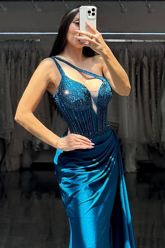 Glamorous Satin One Shoulder Sleeveless Long Pleated Prom Dress with Sequins