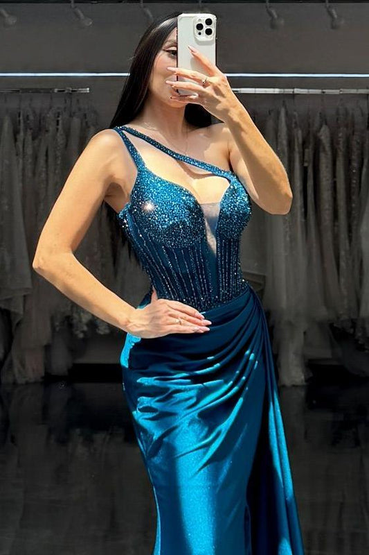 Glamorous Satin One Shoulder Sleeveless Long Pleated Prom Dress with Sequins