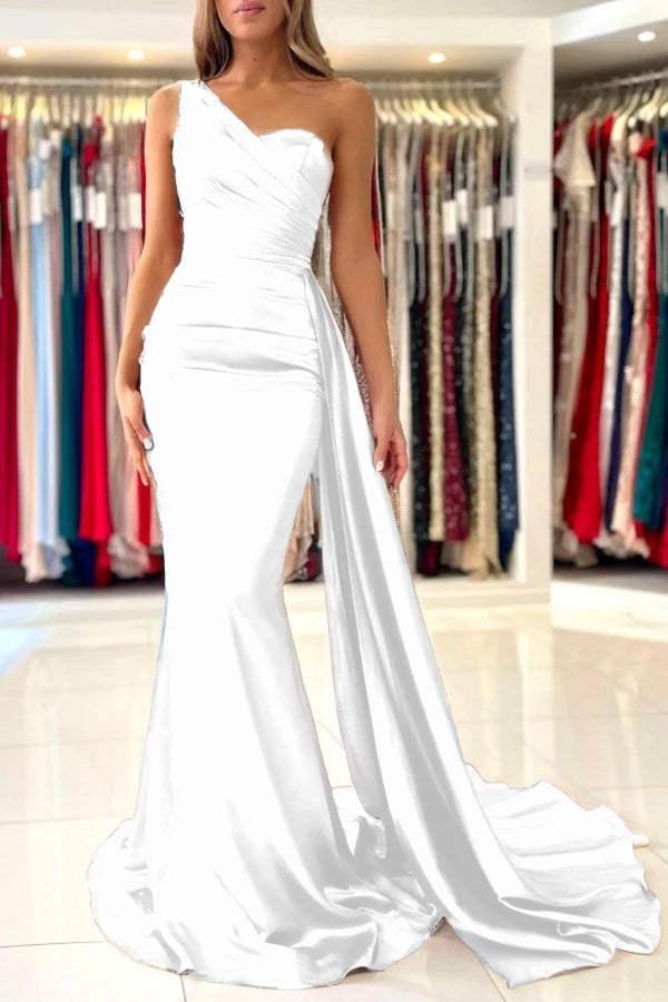 Burnt Orange Sleeveless Mermaid Prom Dress One-Shoulder With Ruffles