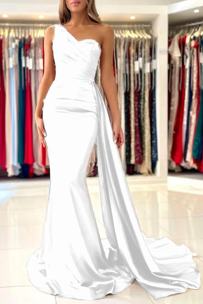 Burnt Orange Sleeveless Mermaid Prom Dress One-Shoulder With Ruffles