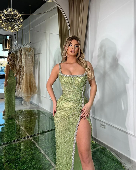 Green Sexy Sleeveless Spaghetti Strap Beads Prom Dress With High Slit