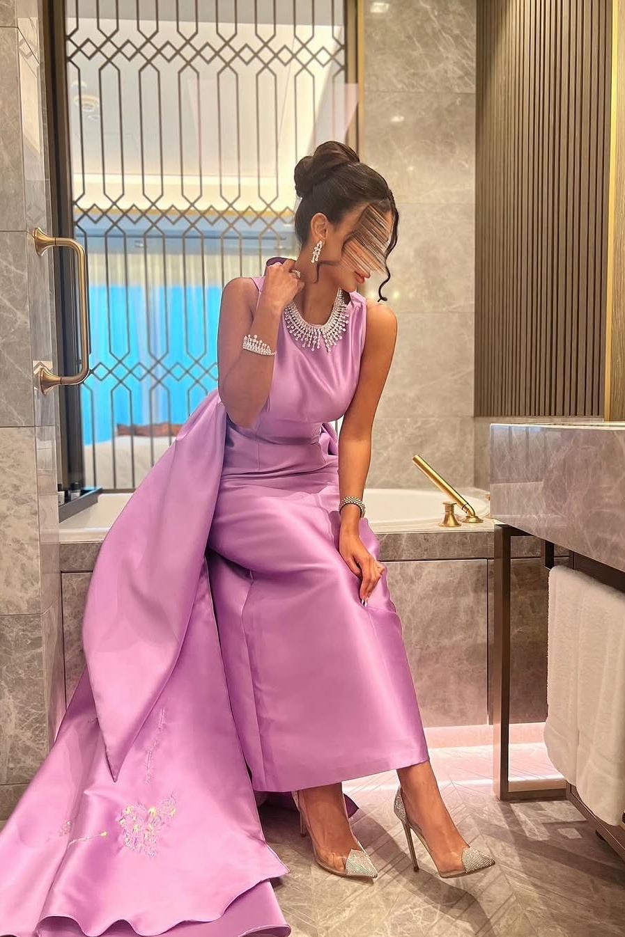 Gorgeous Purple Satin Sleeveless Jewel Neck Long Bow Prom Dress with Train