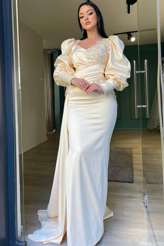 Long Puff Sleeves Mermaid Prom Dress With Appliques Ruffles