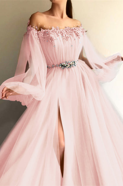 Chic Off-the-Shoulder Long Sleeves Elegant Evening Dresses With Beads