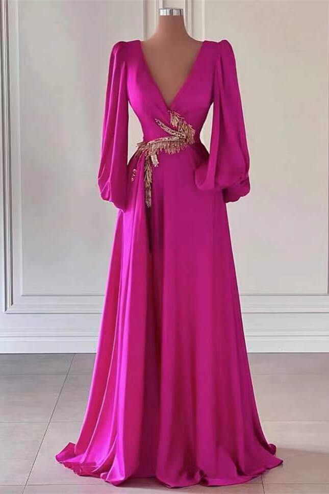 Fuchsia Dark V-Neck A-Line Long Sleeves Prom Dress With Embellishment