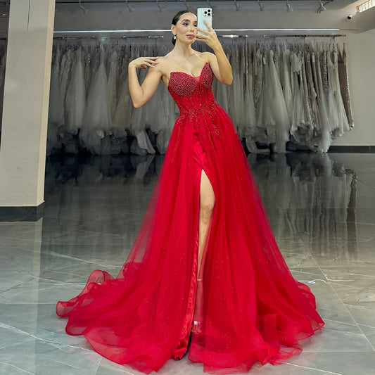 Red Sleeveless Strapless A-Line Long Beads Prom Dress