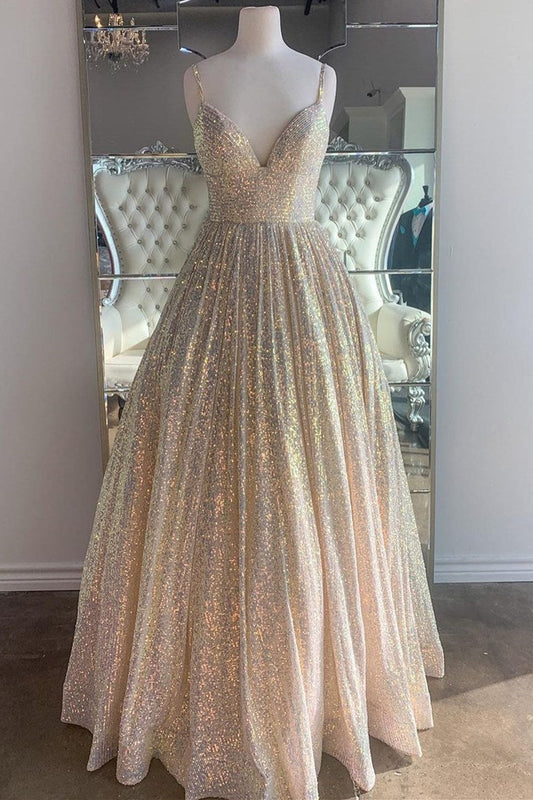 A Line V-Neck Prom Dress  Spaghetti-Straps Sparkle With Appliques