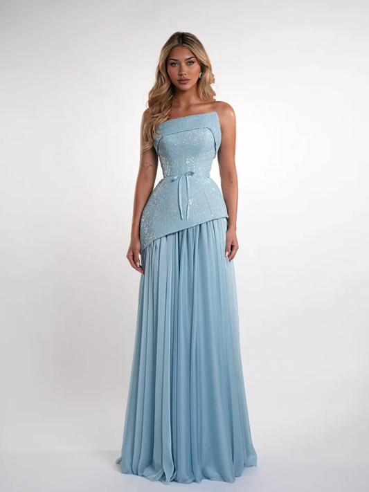 Charming Blue Straight Across Sleeveless Sequins Pleated Evening Dress