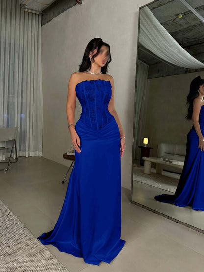 Sleeveless Square Mermaid Strapless Beads Prom Dress