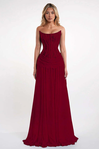 Elegant Black Strapless Evening Dress Sheath Floor Length With Lace
