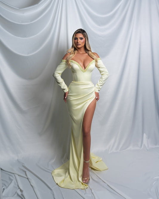 Luxurious Satin V Neck Slim Long Sleeves Prom Dress with Split