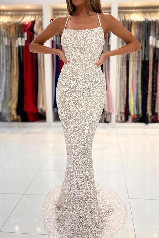 Sequins Mermaid Strapless Spaghetti-Straps Prom Dress With Open Back
