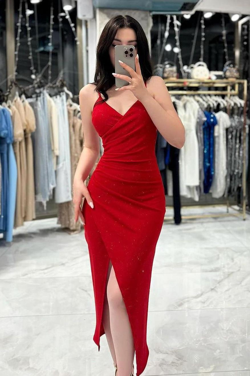 Charming Red Sequins Spaghetti Strap Sleeveless V Neck Prom Dress with Pleated
