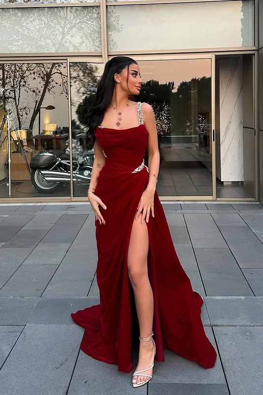 Red Sleeveless Spaghetti Straps Mermaid Beads Prom Dress