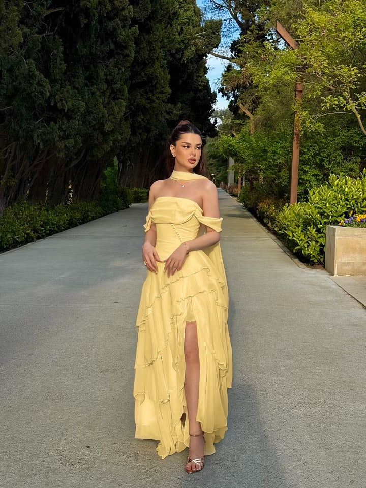 Dreamy Daffodil Off-The-Shoulder Split Ruffles Chiffon Evening Dress With Scarf